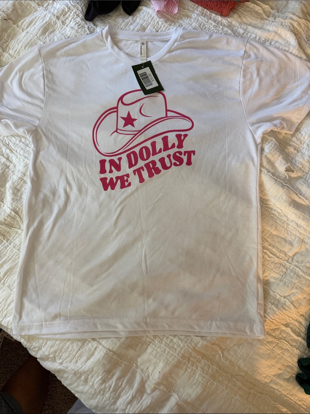 White Short Sleeve Tee with Pink 'In Dolly We Trust' Graphic